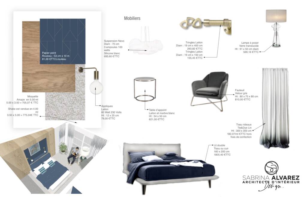 Conception et Décoration d'une suite parentale - Planche mobilier du projet, by Sabrina Alvarez Design, Architecte d'intérieur et Décoratrice à Paris, Madrid, Porto, Rome